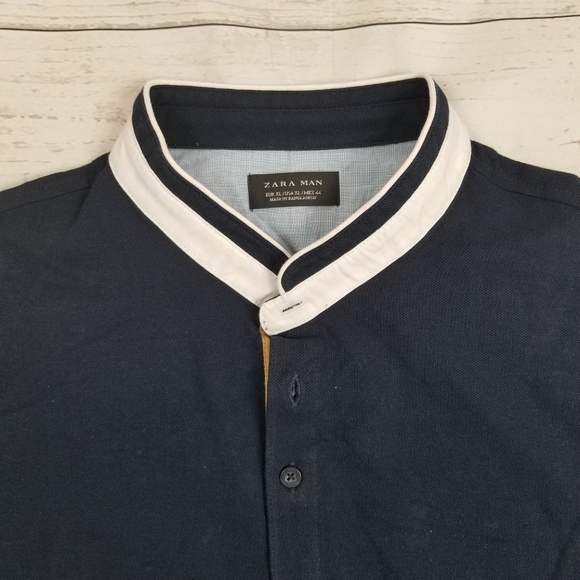 Zara Mens Casual Polo Short Sleeve Navy Blue Sz XL - Picture 3 of 5